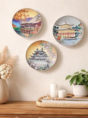 Set of Three 4” Decorative Plates with Scenic Japanese Designs